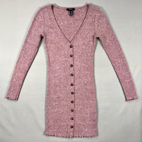 Forever 21 Juniors/Women's Sweater Dress Size Medium Pink Ribbed Bodycon V-Neck - Picture 1 of 9